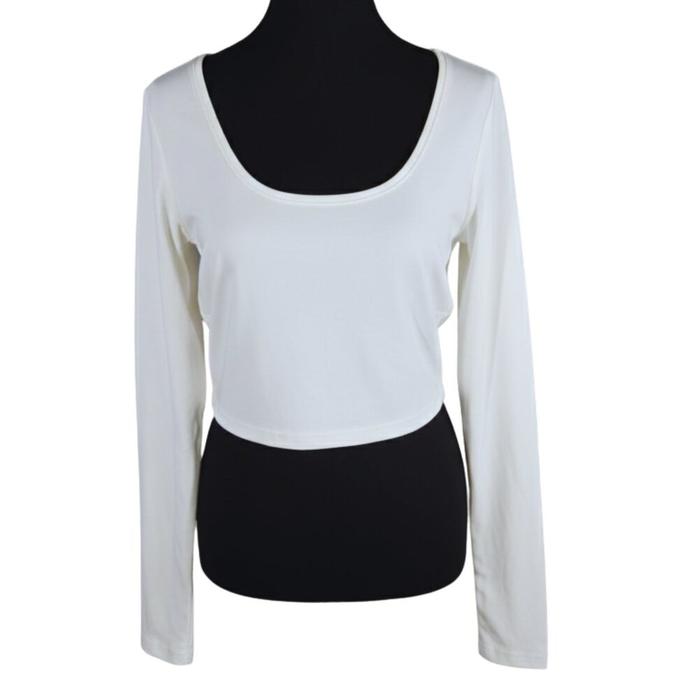 NWOT | White Scoop Neck Long Sleeve Cropped Top Fitted Thumb Hole Sleeves | XLar